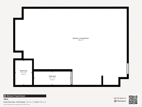 A floor plan of a property with a kitchen, living room, and bathroom.